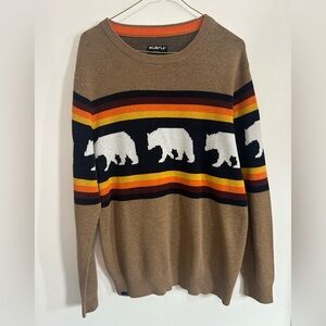 KAVU Men's Tan Sweater with Bear and Stripe Design
